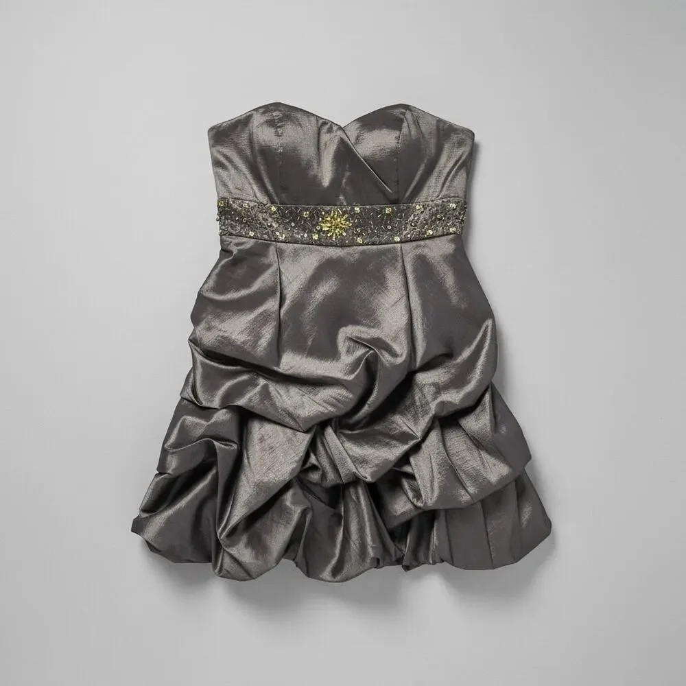 Metallic Grey Strapless Bubble Hem‎ Cocktail Dress Beaded Waist Party Formal